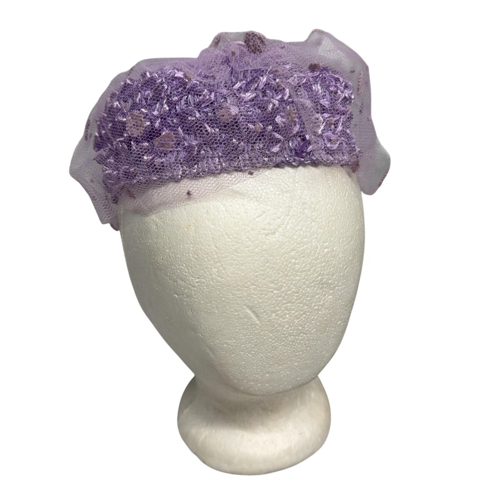 Vintage Hat Fascinator Fitted Womens 7 Purple Veil Bow Polka Dot Mesh Straw